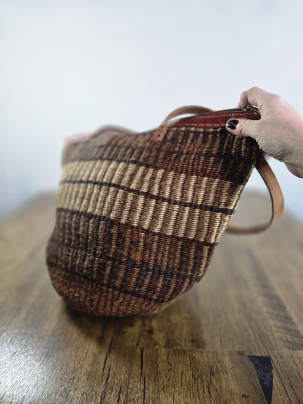 vtg Sisal Jute leather shopper tote african kenya tote purse zip closure - Picture 6 of 10